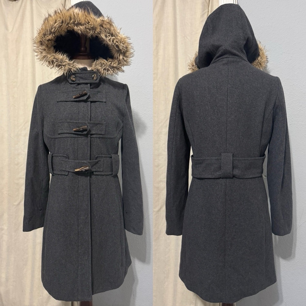 Anthropologie Elevenses Deep Woods Toggle Coat Wool Blend Faux Fur Gray size 10‎